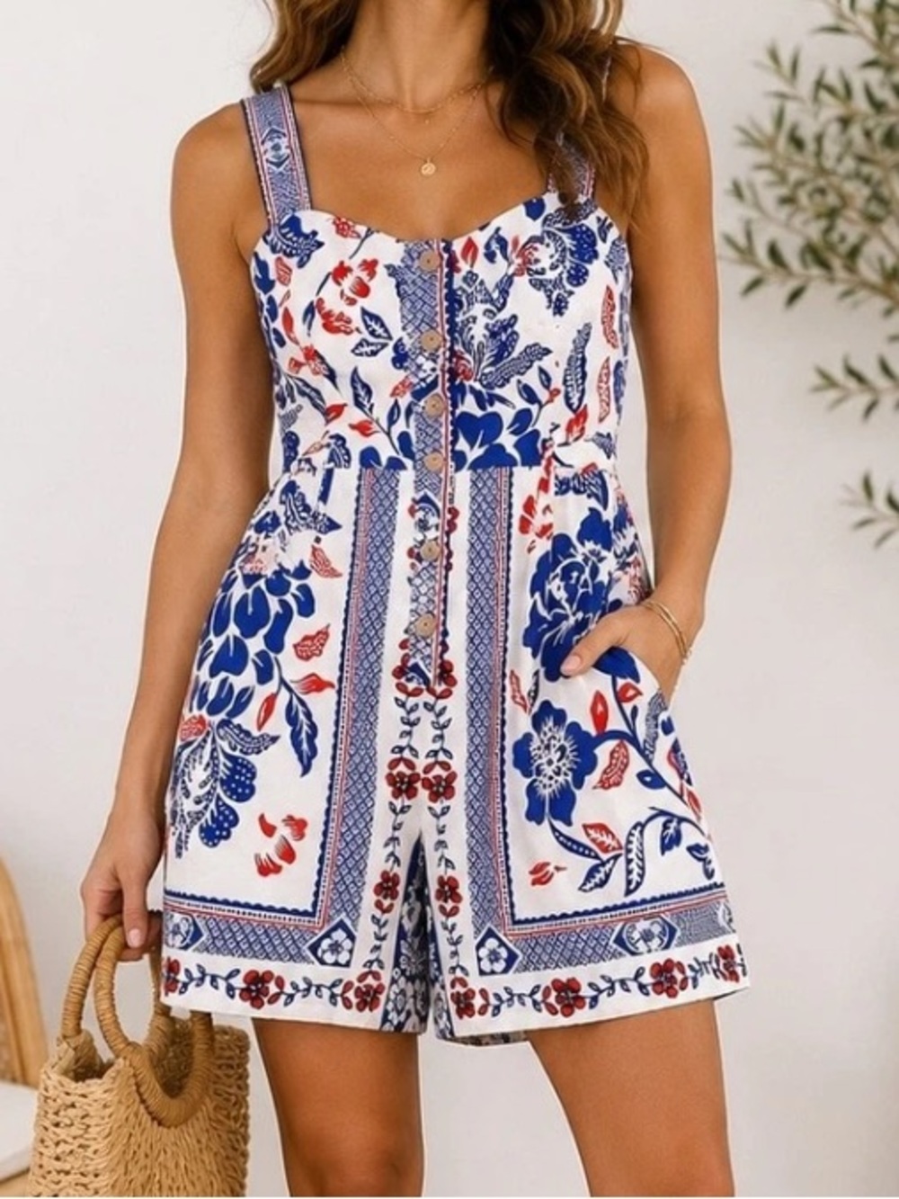 RACHEL ZOE TROPICAL MULTICOLOUR GARDEN TILES LINEN ROMPER ❤️🤍💙